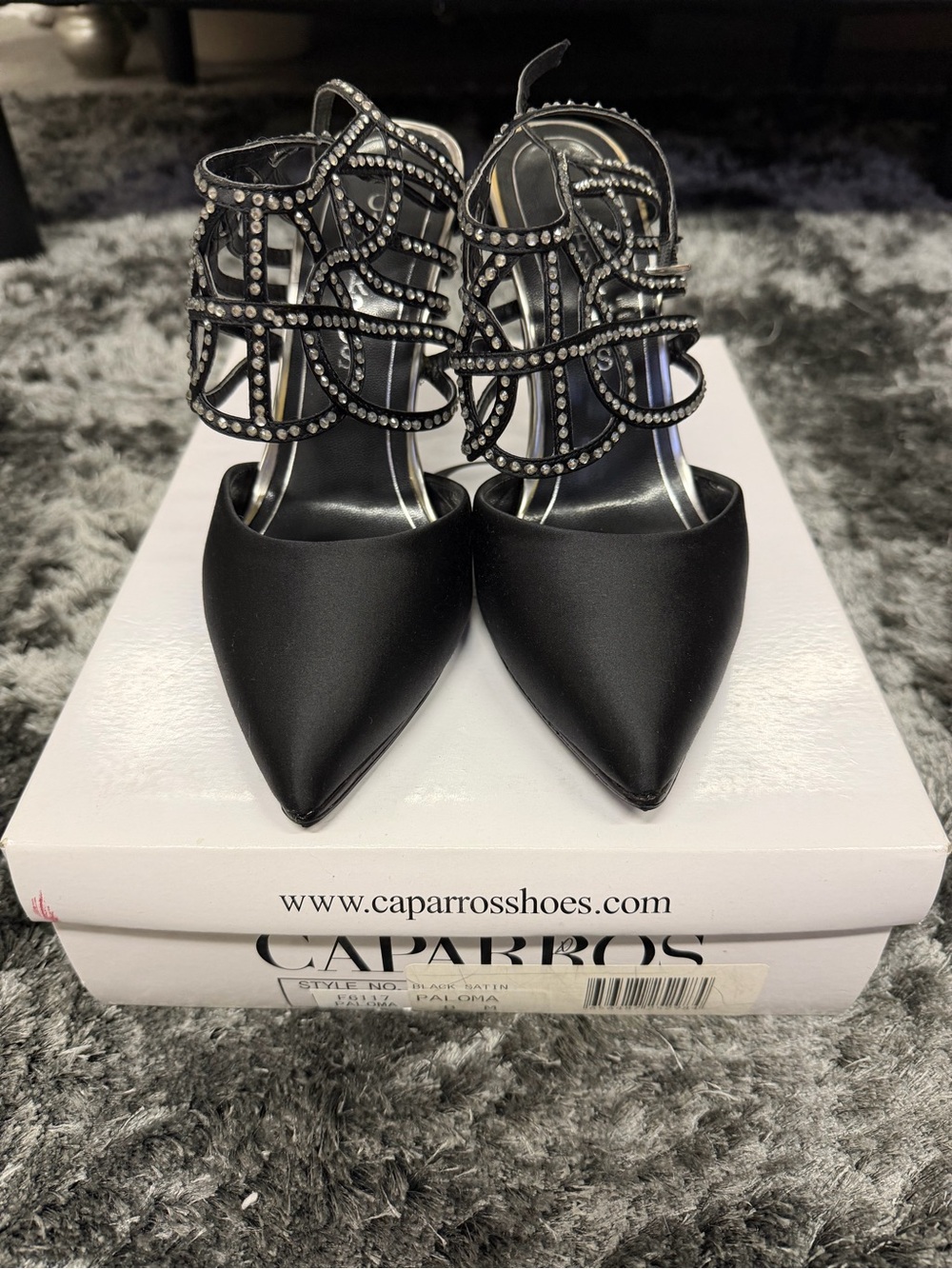 Caparros Black Satin Pointed Toe Heels with Crystal Cage Straps